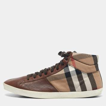 Burberry Beige/Brown House Check Canvas and Leather High Top Sneakers Size 45