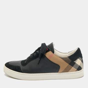 Burberry Black House Check Leather and Suede Reeth Low Top Sneakers Size 43