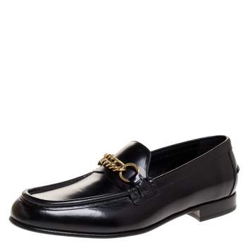 Pre Owned Burberry Black Leather Solway Chain Detail Slip On Loafers Size 43.5