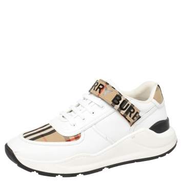 Pre Owned Burberry White/Beige Leather And Checked Canvas Ronnie Sneakers Size 44
