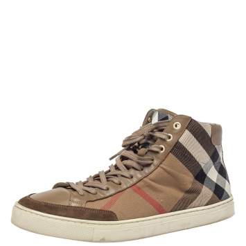 Pre Owned Burberry Beige Housecheck Canvas And Leather Painton High Top Sneakers Size 43
