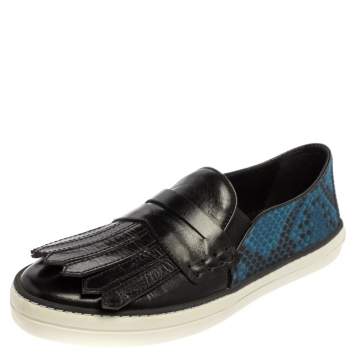 Pre Owned Burberry Black/Blue Leather And Canvas Fringe Penny Slip On Sneakers Size 39
