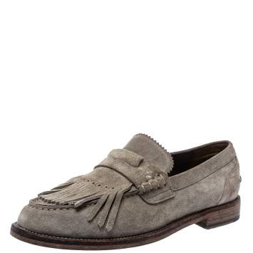 Pre Owned Burberry Grey Suede Bedmoore Fringe Detail Penny Loafers Size 42.5