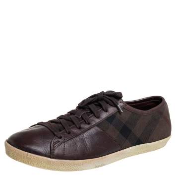 Pre Owned Burberry Brown House Check Canvas And Leather Lace Up Low Top Sneakers Size 43