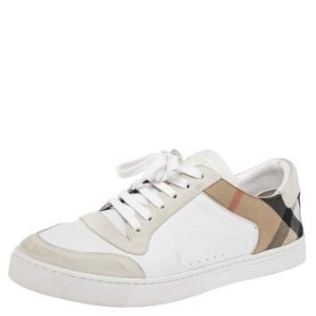 مملوكة مسبقًا Burberry White/Beige House-Check Canvas And Leather Lace Up  Sneakers Size 45.5 