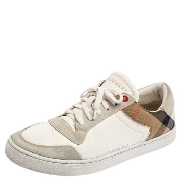 Pre Owned Burberry White/Beige House Check Canvas and Leather Low Top Sneakers Size 41.5