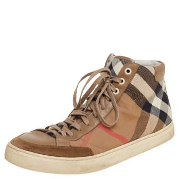 Pre Owned Burberry Brown Leather And Check Canvas High Top Sneakers Size 43
