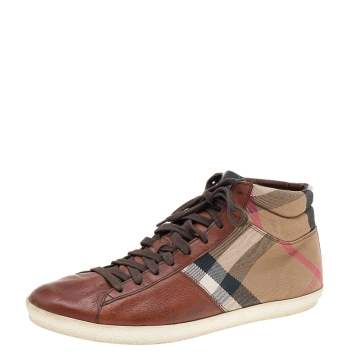 Pre Owned Burberry Brown Leather And Check Canvas High Top Sneakers Size 44