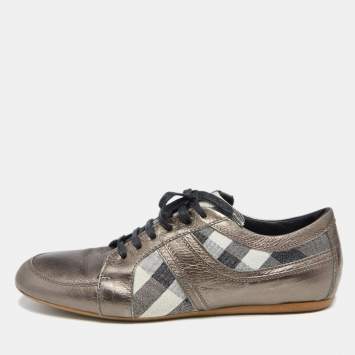 Pre Owned Burberry Metallic Bronze Canvas And  Leather Lace Up  Sneakers Size 41
