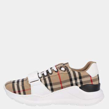 Pre Owned Burberry Beige/White Vintage Check Cotton Sneakers EU 46