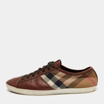Pre Owned Burberry Brown/Tricolor Leather and Nova Check Canvas Low Top Sneakers Size 42