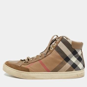 Pre Owned Burberry Brown Suede, Leather and Nova Check Canvas High Top Sneakers Size 43