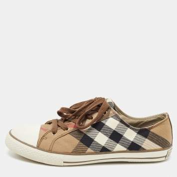 Pre Owned Burberry Beige Novacheck Canvas and Leather Sneakers Size 44