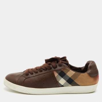 Pre Owned Burberry Brown Leather and Nova Check Canvas Low Top Sneakers Size 45