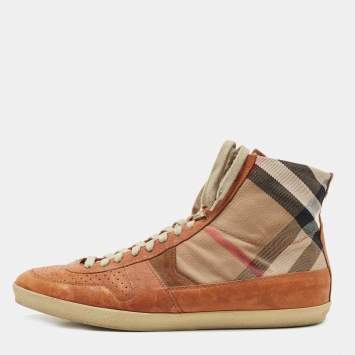 Pre Owned Burberry Tan/Beige Leather And Canvas High Top Sneakers Size 45