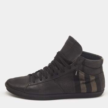Pre Owned Burberry Black Leather and Check Canvas High Top Sneakers Size 44