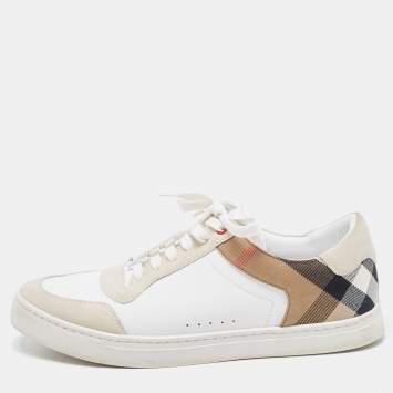 Pre Owned Burberry White/Beige Leather and Canvas Reeth Low Top Sneakers Size 42