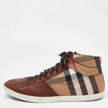 Pre Owned Burberry Brown/Beige Leather And Check Canvas High Top Sneakers Size 45