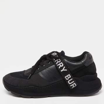 Pre Owned Burberry Black Mesh and Leather Logo Detail Low Top Sneakers Size 43