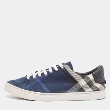 Pre Owned Burberry Blue/White Nova Check Denim and Leather Low Top Sneakers Size 44