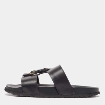 Pre Owned Burberry Black Leather Abonw Flat Slides Size 43
