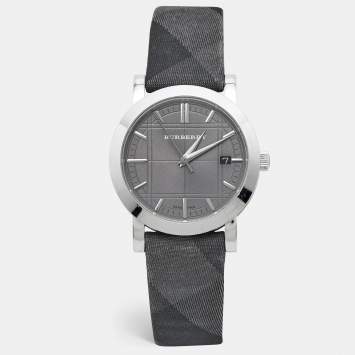 Pre Owned Burberry Grey Stainless Steel Canvas The City BU1758 Men's Wristwatch 38 mm
