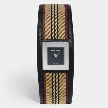 Pre Owned Burberry Black Stainless Steel Leather Signature BU4004 Women's Wristwatch 22 mm  