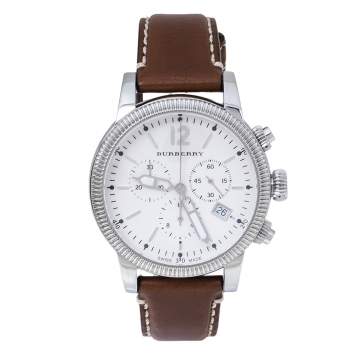 Pre Owned Burberry Silver White Stainless Steel Leather BU7817 Men's Wristwatch 42 mm