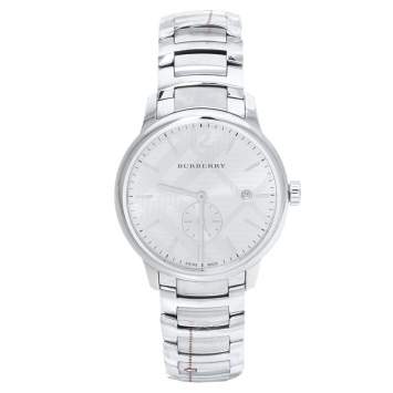 Pre Owned Burberry Silver Beige Stainless Steel Classic BU10004 Men's Wristwatch 40 mm