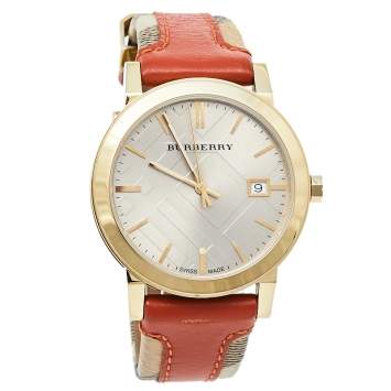 Pre Owned Burberry Beige Gold Plated Stainless Steel Leather BU9016 Men’s Wristwatch 38 mm