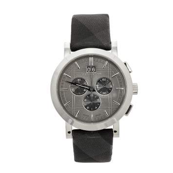 Pre Owned Burberry Grey Stainless Steel Leather BU1756 Men's Wristwatch 44mm