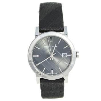Pre Owned Burberry Grey Stainless Steel Leather Heritage BU9024 Men's Wristwatch 38 mm