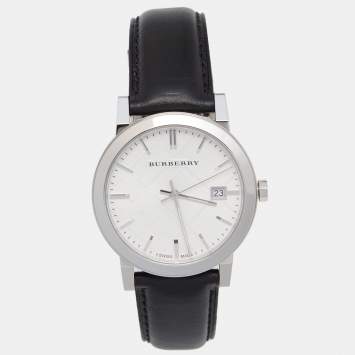 Pre Owned Burberry Silver Stainless Steel Leather The City BU9008 Men's Wristwatch 38 mm