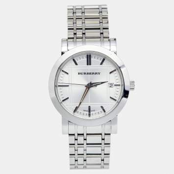 Pre Owned Burberry Silver Stainless Steel Heritage BU1350 Men's Wristwatch 38 mm