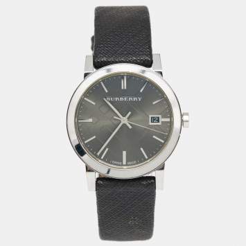 Pre Owned Burberry Grey Stainless Steel Leather Heritage BU9024 Men's Wristwatch 38 mm