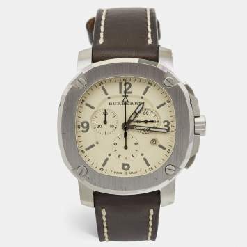 Pre Owned Burberry Beige Stainless Steel Calf Leather The Britain BBY1101 Men's Wristwatch 43.50 mm