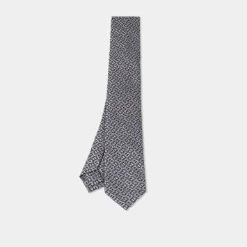 Pre Owned Bvlgari Grey Monogram Silk Jacquard Skinny Tie 