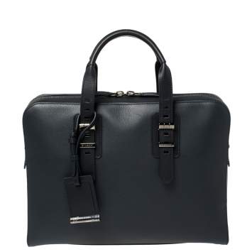 Bvlgari Deep Midnight Blue Leather Zip Briefcase