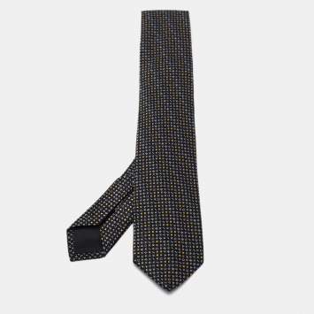 Pre Owned Bvlgari Black Alphabet Seven-Fold Anthracite Jacquard Silk Tie