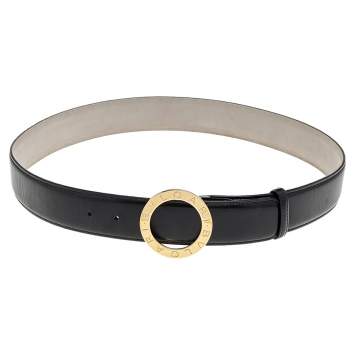 Pre Owned Bvlgari Black Leather Ring Buckle Belt 110CM