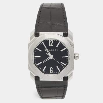 Bvlgari Black Stainless Steel Alligator Leather Octo BGO 38 S Men's Wristwatch 38 mm