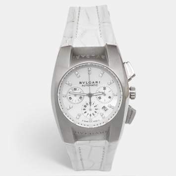 Pre Owned Bvlgari Ergon EG35SCH Mother Of Pearl Diamond Stainless Steel Alligator Leather Women's Wristwatch 35 mm