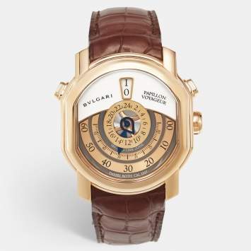 مملوكة مسبقًا Bvlgari Daniel Roth Papillon Voyageur Limited Edition GMT 101835 White Dial 18K Rose Gold Alligator Leather Men's Wristwatch 43 mm