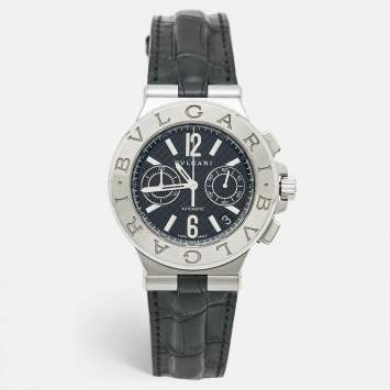 Pre Owned Bvlgari Diagono DG40SCH Black Dial Stainless Steel Alligator Leather Men's Wristwatch 40 mm
