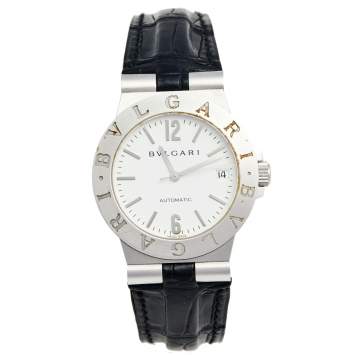 Bvlgari White 18K White Gold Alligator Leather Diagono Men's Wristwatch 35 mm