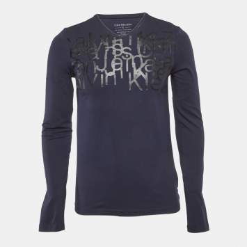 Pre Owned Calvin Klein Navy Blue Printed Jersey V-Neck T-Shirt S