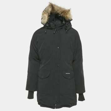 مملوكة مسبقًا جاكيت كندا غوز فرو صناعي قابل للفصل بغطاء رأس وسحاب أسود مقاس متوسط