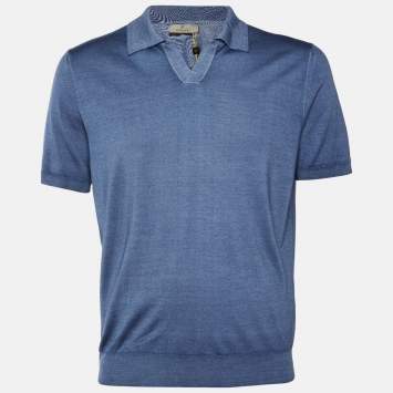 Pre Owned Canali Dark Blue Wool & Silk Knit Polo T-Shirt L