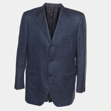 Pre Owned Canali Navy Blue Check Pattern Wool Blend Single Breasted Blazer XL
