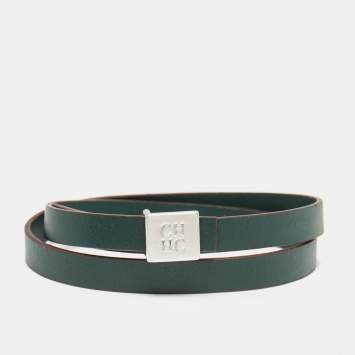 Pre Owned Carolina Herrera CH Leather Silver Tone Wrap Bracelet